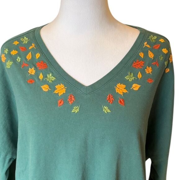 Life is Good Relaxed Fit Tunic Leaf Embroidered Long Sleeve Womens Large Green - Picture 4 of 11